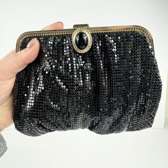 VTG Whiting & Davis Clutch Purse Black Metal Mesh Beaded Closure Chain Strap USA - Picture 8 of 15